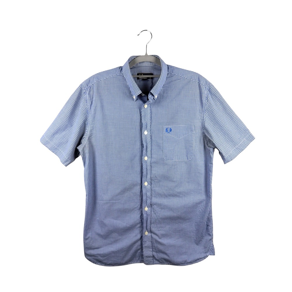 FRED PERRY Short Sleeve Gingham Plaid Shirt Men's Size M, 100% Cotton